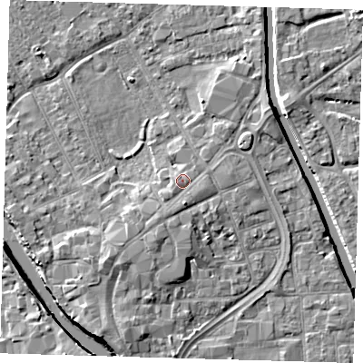 Shaded relief map of the ground around PE216RX, computed from Environment Agency LiDAR. The ground here sits at about 4 m above sea level and falls 7 m across the surrounding 800 m. Surface water reaching this point runs off ground lying to the south-west, 0.9 m higher.