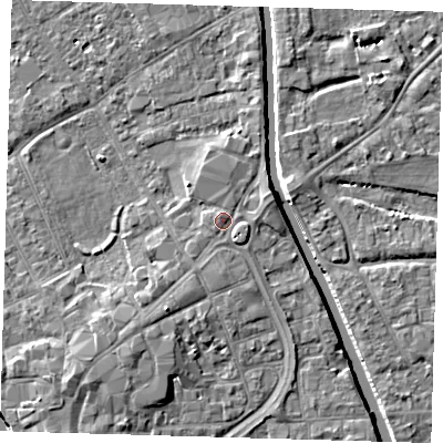 Shaded relief map of the ground around PE216RY, computed from Environment Agency LiDAR. The ground here sits at about 4 m above sea level and falls 7 m across the surrounding 800 m. Surface water reaching this point runs off ground lying to the south-east, 1.1 m higher.