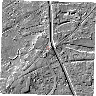 Shaded relief map of the ground around PE216SE, computed from Environment Agency LiDAR. The ground here sits at about 3 m above sea level and falls 7 m across the surrounding 800 m. Surface water reaching this point runs off ground lying to the east-north-east, 1.3 m higher.