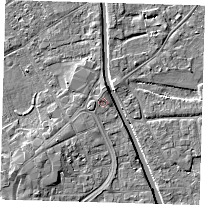 Shaded relief map of the ground around PE216SF, computed from Environment Agency LiDAR. The ground here sits at about 3 m above sea level and falls 7 m across the surrounding 800 m. Surface water reaching this point runs off ground lying to the north, 1.3 m higher.