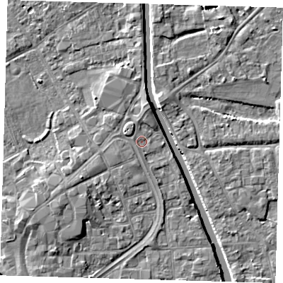 Shaded relief map of the ground around PE216SG, computed from Environment Agency LiDAR. The ground here sits at about 3 m above sea level and falls 7 m across the surrounding 800 m. Surface water reaching this point runs off ground lying to the north-west, 1.6 m higher.
