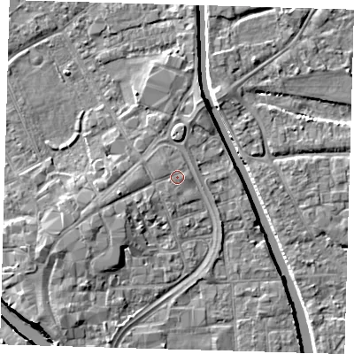 Shaded relief map of the ground around PE216SH, computed from Environment Agency LiDAR. The ground here sits at about 4 m above sea level and falls 7 m across the surrounding 800 m. Surface water reaching this point runs off ground lying to the north-west, 0.5 m higher.