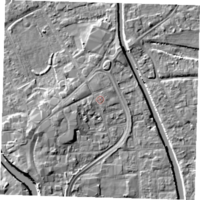 Shaded relief map of the ground around PE216SL, computed from Environment Agency LiDAR. The ground here sits at about 4 m above sea level and falls 7 m across the surrounding 800 m. Surface water reaching this point runs off ground lying to the west-south-west, 2.1 m higher.
