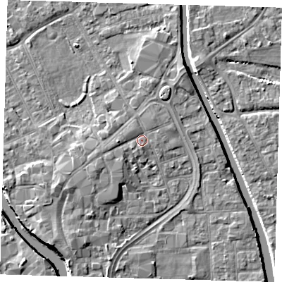 Shaded relief map of the ground around PE216SN, computed from Environment Agency LiDAR. The ground here sits at about 4 m above sea level and falls 7 m across the surrounding 800 m. Surface water reaching this point runs off ground lying to the west-south-west, 2.0 m higher.