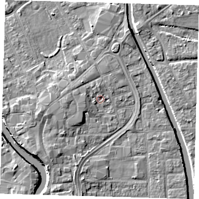 Shaded relief map of the ground around PE216SP, computed from Environment Agency LiDAR. The ground here sits at about 3 m above sea level and falls 7 m across the surrounding 800 m. Surface water reaching this point runs off ground lying to the west-south-west, 2.1 m higher.