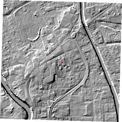 Shaded relief map of the ground around PE216SQ, computed from Environment Agency LiDAR. The ground here sits at about 4 m above sea level and falls 7 m across the surrounding 800 m. Surface water reaching this point runs off ground lying to the north-east, 0.7 m higher.
