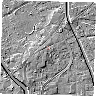 Shaded relief map of the ground around PE216SR, computed from Environment Agency LiDAR. The ground here sits at about 4 m above sea level and falls 7 m across the surrounding 800 m. Surface water reaching this point runs off ground lying to the south-west, 1.9 m higher.