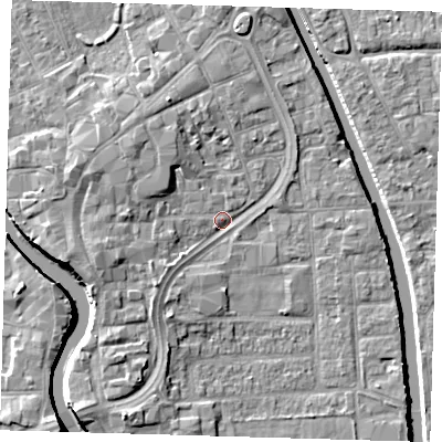 Shaded relief map of the ground around PE216SS, computed from Environment Agency LiDAR. The ground here sits at about 3 m above sea level and falls 7 m across the surrounding 800 m. Surface water reaching this point runs off ground lying to the west-south-west, 4.1 m higher.