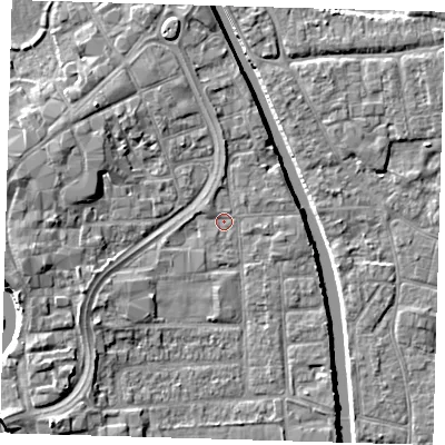Shaded relief map of the ground around PE216ST, computed from Environment Agency LiDAR. The ground here sits at about 2 m above sea level and falls 7 m across the surrounding 800 m. Surface water reaching this point runs off ground lying to the south-west, 4.8 m higher.