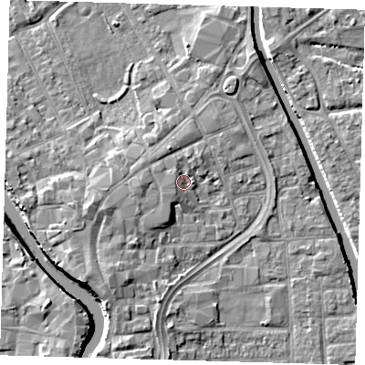 Shaded relief map of the ground around PE216SX, computed from Environment Agency LiDAR. The ground here sits at about 4 m above sea level and falls 7 m across the surrounding 800 m. Surface water reaching this point runs off ground lying to the west-south-west, 1.6 m higher.
