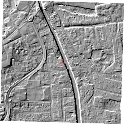 Shaded relief map of the ground around PE216TB, computed from Environment Agency LiDAR. The ground here sits at about 3 m above sea level and falls 6 m across the surrounding 800 m. Surface water reaching this point runs off ground lying to the south, 3.2 m higher.