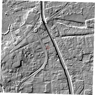 Shaded relief map of the ground around PE216TE, computed from Environment Agency LiDAR. The ground here sits at about 3 m above sea level and falls 7 m across the surrounding 800 m. Surface water reaching this point runs off ground lying to the south, 1.0 m higher.