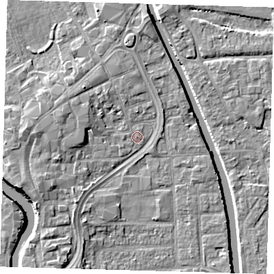 Shaded relief map of the ground around PE216TF, computed from Environment Agency LiDAR. The ground here sits at about 3 m above sea level and falls 7 m across the surrounding 800 m. Surface water reaching this point runs off ground lying to the west-south-west, 4.1 m higher.