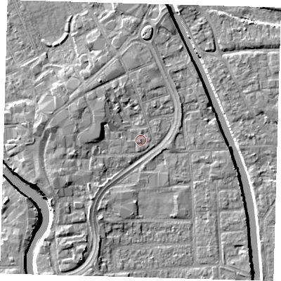 Shaded relief map of the ground around PE216TH, computed from Environment Agency LiDAR. The ground here sits at about 3 m above sea level and falls 7 m across the surrounding 800 m. Surface water reaching this point runs off ground lying to the west-south-west, 4.1 m higher.