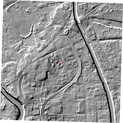 Shaded relief map of the ground around PE216TJ, computed from Environment Agency LiDAR. The ground here sits at about 3 m above sea level and falls 7 m across the surrounding 800 m. Surface water reaching this point runs off ground lying to the west, 2.4 m higher.