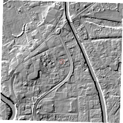 Shaded relief map of the ground around PE216TL, computed from Environment Agency LiDAR. The ground here sits at about 3 m above sea level and falls 7 m across the surrounding 800 m. Surface water reaching this point runs off ground lying to the north-west, 1.0 m higher.