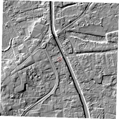 Shaded relief map of the ground around PE216TP, computed from Environment Agency LiDAR. The ground here sits at about 3 m above sea level and falls 7 m across the surrounding 800 m. Surface water reaching this point runs off ground lying to the south, 1.0 m higher.