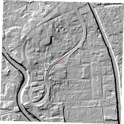 Shaded relief map of the ground around PE216TQ, computed from Environment Agency LiDAR. The ground here sits at about 3 m above sea level and falls 7 m across the surrounding 800 m. Surface water reaching this point runs off ground lying to the south-west, 2.8 m higher.