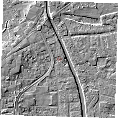 Shaded relief map of the ground around PE216TR, computed from Environment Agency LiDAR. The ground here sits at about 3 m above sea level and falls 6 m across the surrounding 800 m. Surface water reaching this point runs off ground lying to the west-north-west, 1.1 m higher.