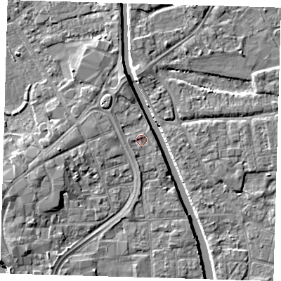 Shaded relief map of the ground around PE216TS, computed from Environment Agency LiDAR. The ground here sits at about 3 m above sea level and falls 7 m across the surrounding 800 m. Surface water reaching this point runs off ground lying to the south, 1.0 m higher.