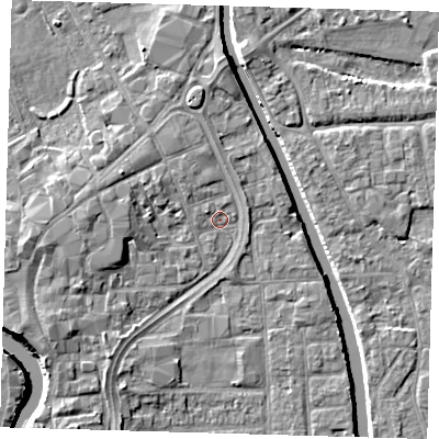 Shaded relief map of the ground around PE216TU, computed from Environment Agency LiDAR. The ground here sits at about 3 m above sea level and falls 7 m across the surrounding 800 m. Surface water reaching this point runs off ground lying to the west-south-west, 4.1 m higher.