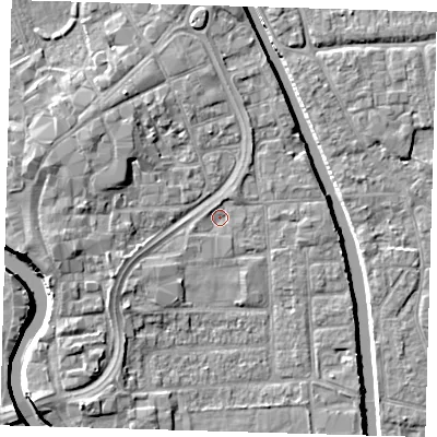Shaded relief map of the ground around PE216TY, computed from Environment Agency LiDAR. The ground here sits at about 2 m above sea level and falls 7 m across the surrounding 800 m. Surface water reaching this point runs off ground lying to the south-west, 4.8 m higher.
