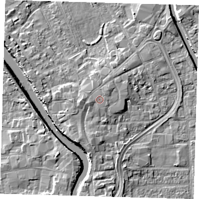 Shaded relief map of the ground around PE216UF, computed from Environment Agency LiDAR. The ground here sits at about 5 m above sea level and falls 7 m across the surrounding 800 m. The ground contributing surface water to this point lies to the west.