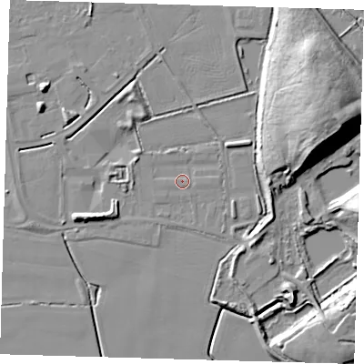 Shaded relief map of the ground around PE217AA, computed from Environment Agency LiDAR. The ground here sits at about 3 m above sea level and falls 20 m across the surrounding 800 m. Surface water reaching this point runs off ground lying to the west-south-west, 0.9 m higher.