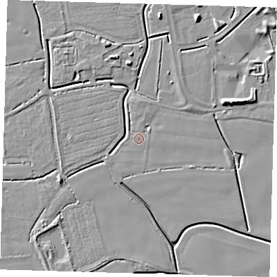 Shaded relief map of the ground around PE217AB, computed from Environment Agency LiDAR. The ground here sits at about 3 m above sea level and falls 8 m across the surrounding 800 m. Surface water reaching this point runs off ground lying to the north, 1.7 m higher.