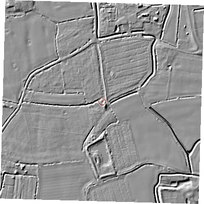 Shaded relief map of the ground around PE217AD, computed from Environment Agency LiDAR. The ground here sits at about 3 m above sea level and falls 6 m across the surrounding 800 m. Surface water reaching this point runs off ground lying to the south-east, 4.3 m higher.