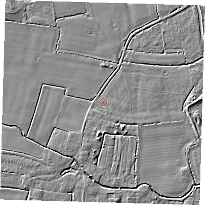 Shaded relief map of the ground around PE217AP, computed from Environment Agency LiDAR. The ground here sits at about 3 m above sea level and falls 5 m across the surrounding 800 m. Surface water reaching this point runs off ground lying to the south, 1.2 m higher.