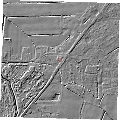 Shaded relief map of the ground around PE217AU, computed from Environment Agency LiDAR. The ground here sits at about 4 m above sea level and falls 4 m across the surrounding 800 m. Surface water reaching this point runs off ground lying to the west-north-west, 0.7 m higher.