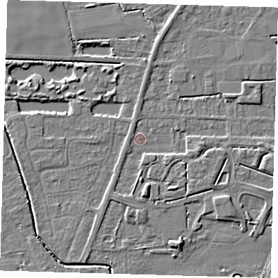 Shaded relief map of the ground around PE217AY, computed from Environment Agency LiDAR. The ground here sits at about 3 m above sea level and falls 5 m across the surrounding 800 m. Surface water reaching this point runs off ground lying to the south, 3.6 m higher.