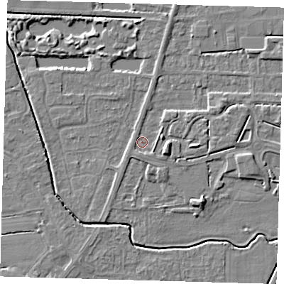 Shaded relief map of the ground around PE217AZ, computed from Environment Agency LiDAR. The ground here sits at about 3 m above sea level and falls 6 m across the surrounding 800 m. Surface water reaching this point runs off ground lying to the east, 3.5 m higher.