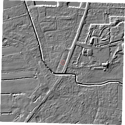 Shaded relief map of the ground around PE217BA, computed from Environment Agency LiDAR. The ground here sits at about 3 m above sea level and falls 5 m across the surrounding 800 m. Surface water reaching this point runs off ground lying to the south, 0.8 m higher.