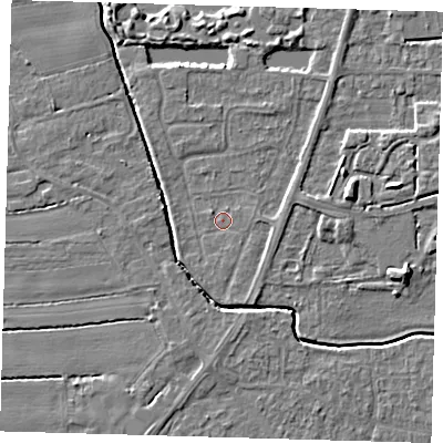 Shaded relief map of the ground around PE217BD, computed from Environment Agency LiDAR. The ground here sits at about 3 m above sea level and falls 6 m across the surrounding 800 m. Surface water reaching this point runs off ground lying to the south-south-east, 1.6 m higher.