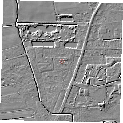Shaded relief map of the ground around PE217BH, computed from Environment Agency LiDAR. The ground here sits at about 2 m above sea level and falls 6 m across the surrounding 800 m. Surface water reaching this point runs off ground lying to the south, 1.6 m higher.