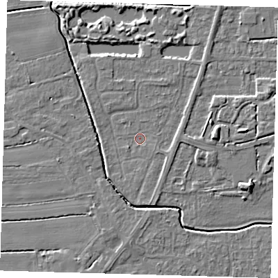 Shaded relief map of the ground around PE217BJ, computed from Environment Agency LiDAR. The ground here sits at about 2 m above sea level and falls 6 m across the surrounding 800 m. Surface water reaching this point runs off ground lying to the south-south-east, 1.6 m higher.