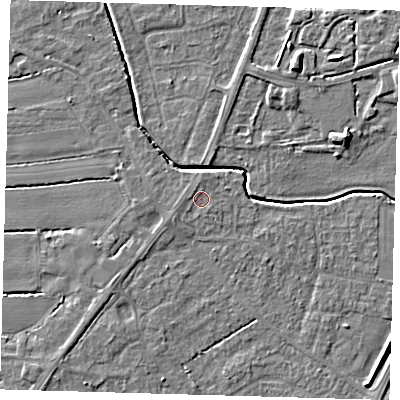 Shaded relief map of the ground around PE217BN, computed from Environment Agency LiDAR. The ground here sits at about 3 m above sea level and falls 5 m across the surrounding 800 m. The ground contributing surface water to this point lies to the north.