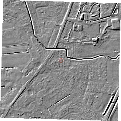 Shaded relief map of the ground around PE217BP, computed from Environment Agency LiDAR. The ground here sits at about 3 m above sea level and falls 6 m across the surrounding 800 m. Surface water reaching this point runs off ground lying to the west-north-west, 0.7 m higher.