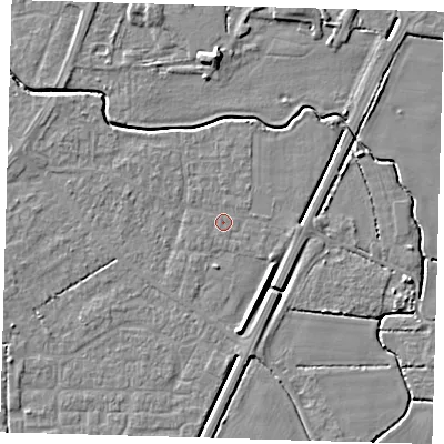 Shaded relief map of the ground around PE217BS, computed from Environment Agency LiDAR. The ground here sits at about 3 m above sea level and falls 6 m across the surrounding 800 m. Surface water reaching this point runs off ground lying to the north, 0.6 m higher.