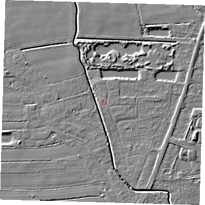 Shaded relief map of the ground around PE217BT, computed from Environment Agency LiDAR. The ground here sits at about 3 m above sea level and falls 6 m across the surrounding 800 m. Surface water reaching this point runs off ground lying to the south, 3.3 m higher.