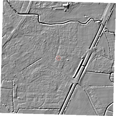 Shaded relief map of the ground around PE217BU, computed from Environment Agency LiDAR. The ground here sits at about 3 m above sea level and falls 6 m across the surrounding 800 m. Surface water reaching this point runs off ground lying to the north-west, 1.5 m higher.