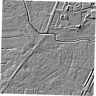 Shaded relief map of the ground around PE217BW, computed from Environment Agency LiDAR. The ground here sits at about 3 m above sea level and falls 6 m across the surrounding 800 m. Surface water reaching this point runs off ground lying to the north, 0.5 m higher.