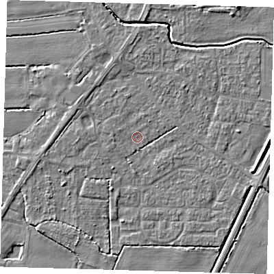Shaded relief map of the ground around PE217BY, computed from Environment Agency LiDAR. The ground here sits at about 3 m above sea level and falls 4 m across the surrounding 800 m. The ground contributing surface water to this point lies to the north-north-west.