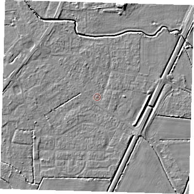 Shaded relief map of the ground around PE217BZ, computed from Environment Agency LiDAR. The ground here sits at about 3 m above sea level and falls 6 m across the surrounding 800 m. Surface water reaching this point runs off ground lying to the north-north-west, 1.5 m higher.