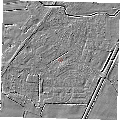 Shaded relief map of the ground around PE217DA, computed from Environment Agency LiDAR. The ground here sits at about 3 m above sea level and falls 4 m across the surrounding 800 m. Surface water reaching this point runs off ground lying to the north-north-west, 1.2 m higher.