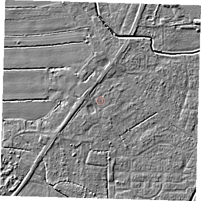 Shaded relief map of the ground around PE217DF, computed from Environment Agency LiDAR. The ground here sits at about 3 m above sea level and falls 4 m across the surrounding 800 m. Surface water reaching this point runs off ground lying to the south-west, 1.3 m higher.