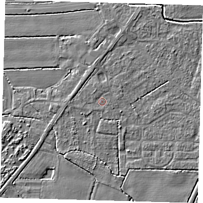 Shaded relief map of the ground around PE217DG, computed from Environment Agency LiDAR. The ground here sits at about 3 m above sea level and falls 4 m across the surrounding 800 m. Surface water reaching this point runs off ground lying to the west, 0.9 m higher.