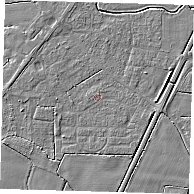 Shaded relief map of the ground around PE217DJ, computed from Environment Agency LiDAR. The ground here sits at about 3 m above sea level and falls 4 m across the surrounding 800 m. Surface water reaching this point runs off ground lying to the west, 0.5 m higher.